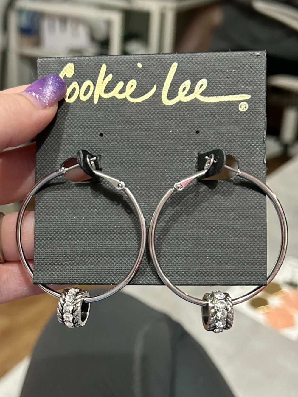 Cookie Lee Silver Tone Rhinestone Bead Hoop Earrings NWT